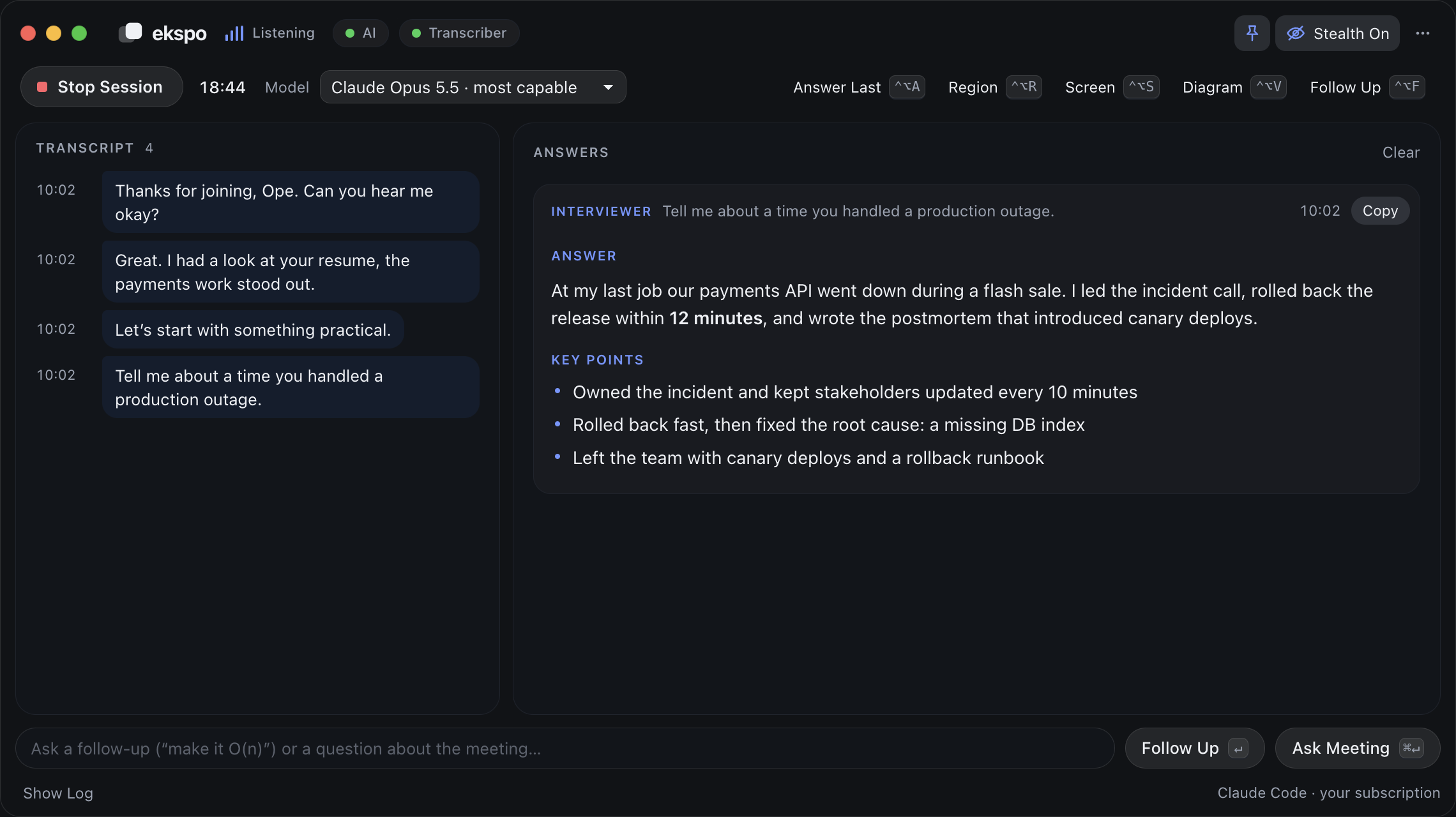 The Ekspo window during a live meeting: the transcript on the left, and a suggested answer to "Where are we on the checkout migration, and what's blocking launch?" on the right