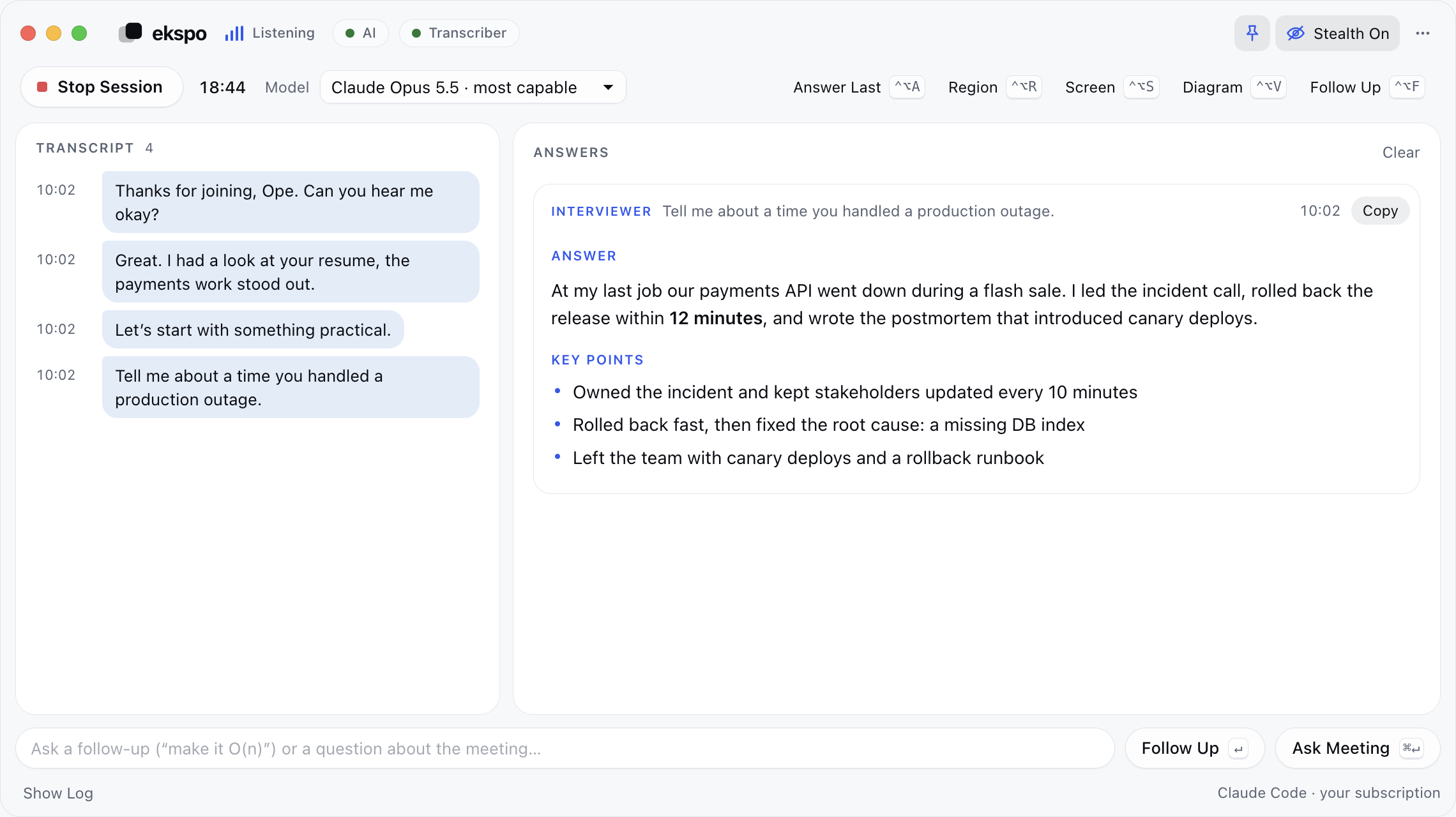 The Ekspo window during a live meeting: the transcript on the left, and a suggested answer to "Where are we on the checkout migration, and what's blocking launch?" on the right